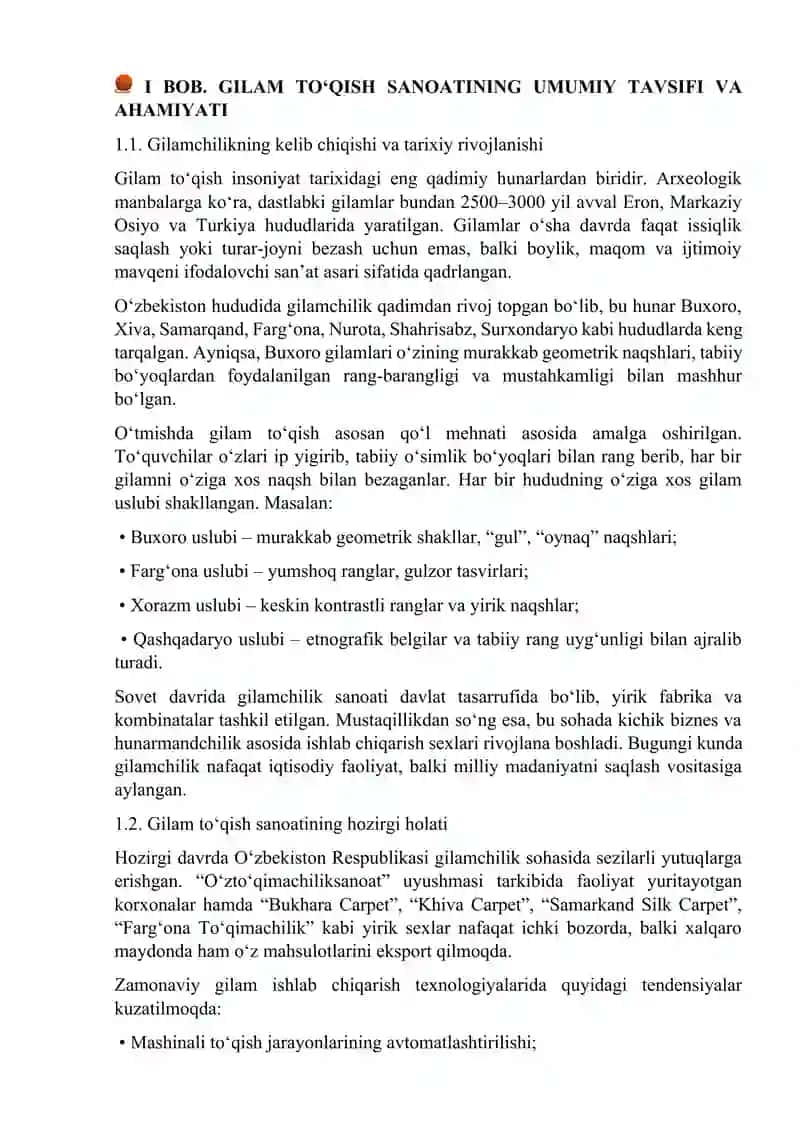 Gilamchilikning iqtisodiy va tarixiy asoslari sexini tashkil qilish 4