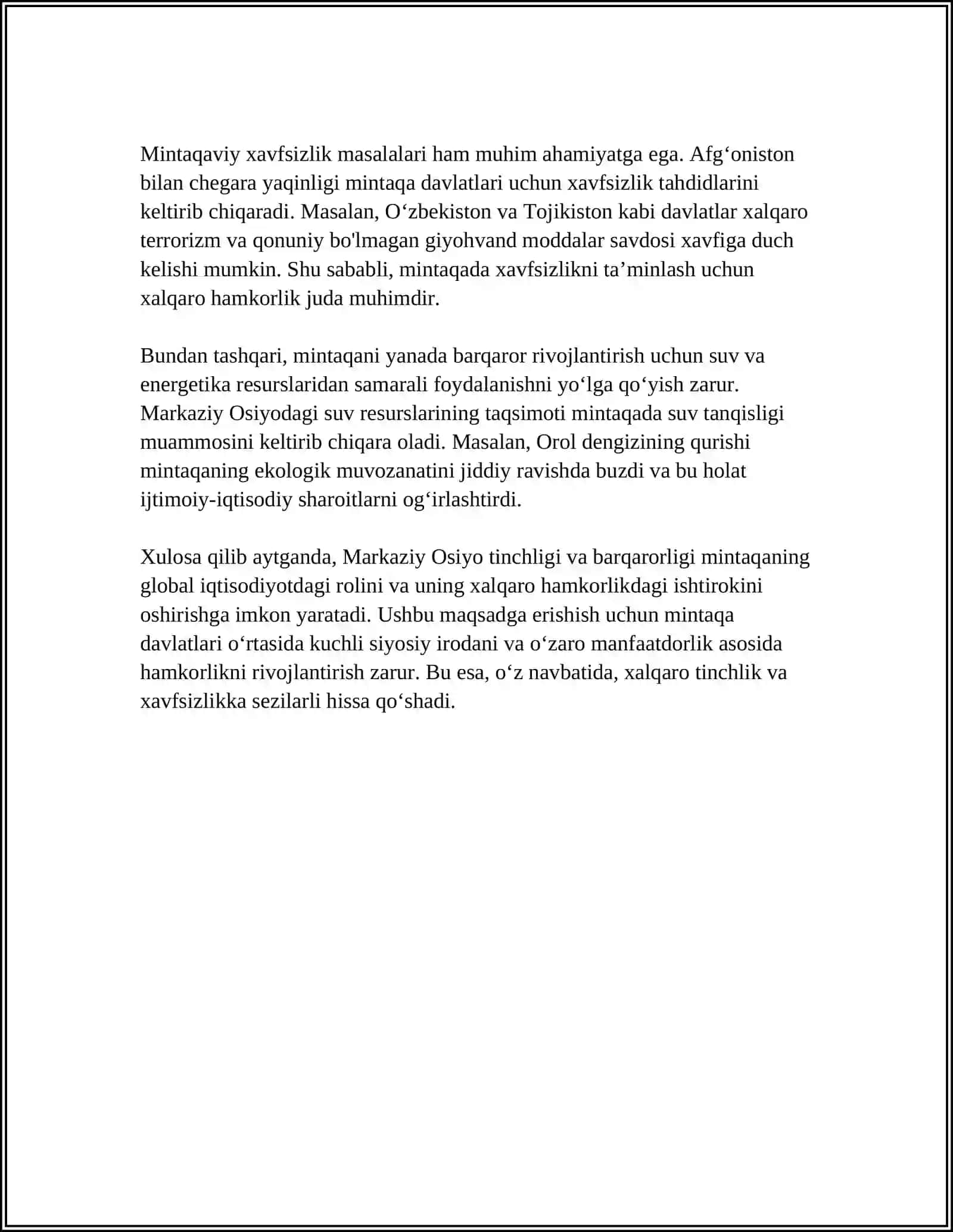 O‘ZBEKISTONNING MARKAZIY OSIYODA TINCHLIK VA BARQARORLIKNI TA’MINLASHDAGI O‘RNI 4