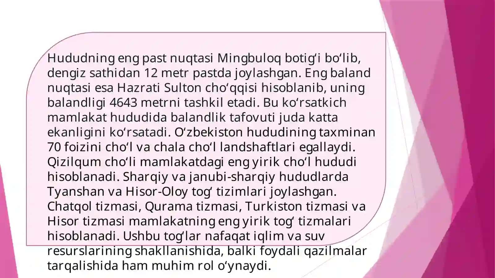 O’zbekiston tabiiy sharoiti va resruslarning xo’jalikdagi ahamiyati mavzusida 4