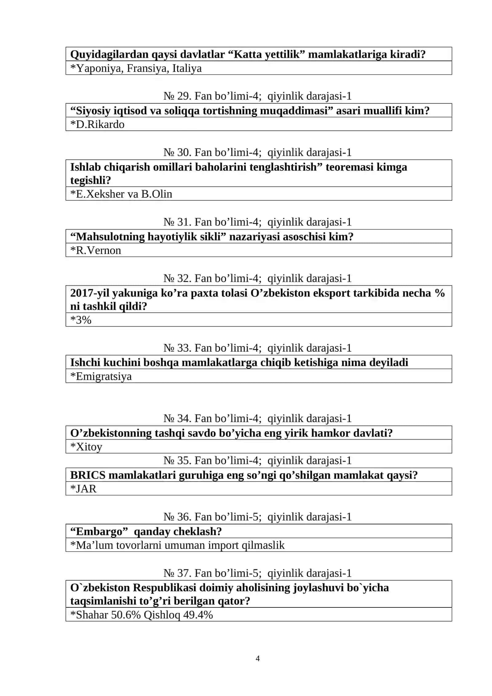 "Jahon iqtisodiyoti va xalqaro iqtisodiy munosabatlar" fanidan test savollari 4