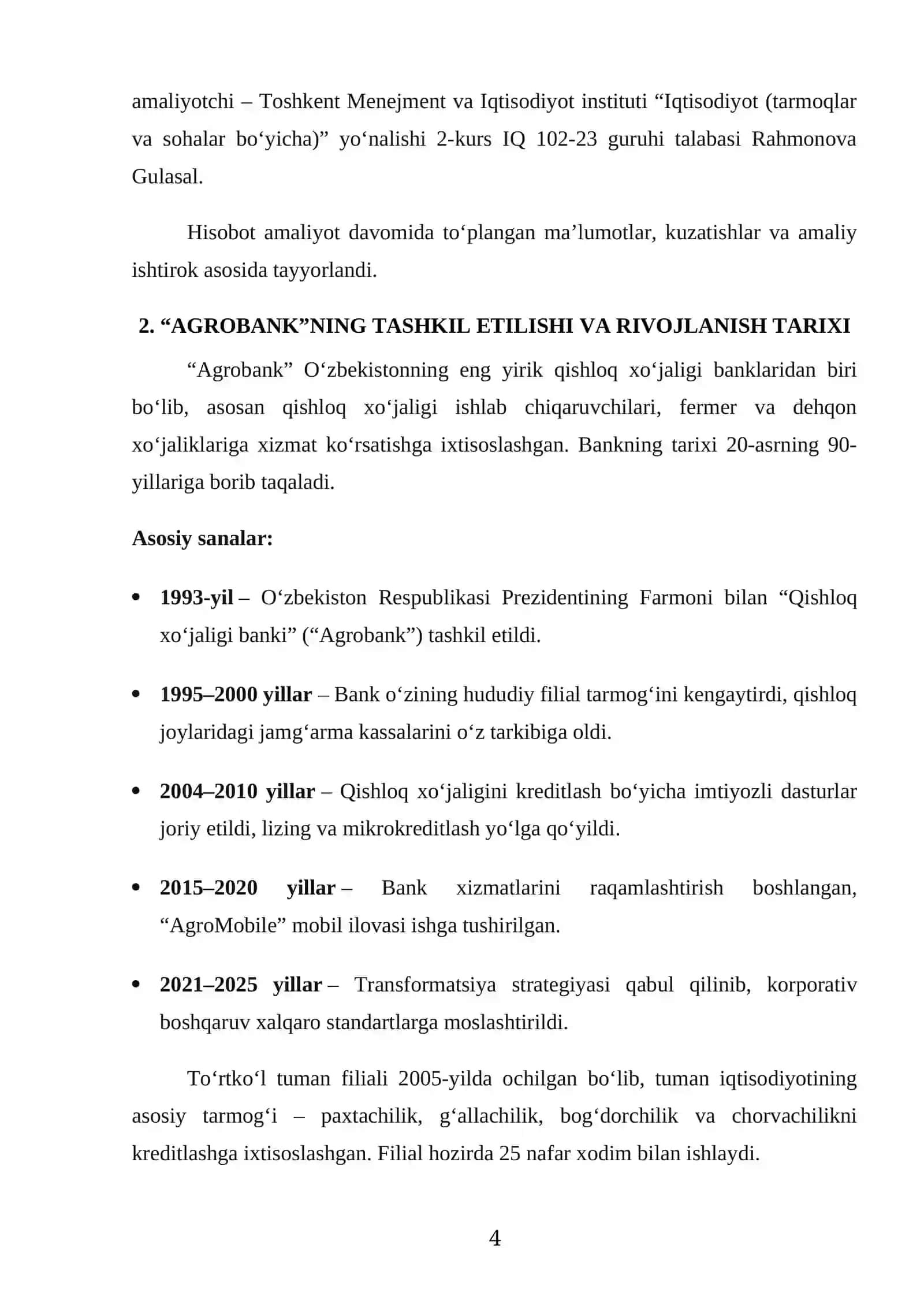 Amaliyot Hisobot - Agro bank to‘rtko‘l tuman filiali 4