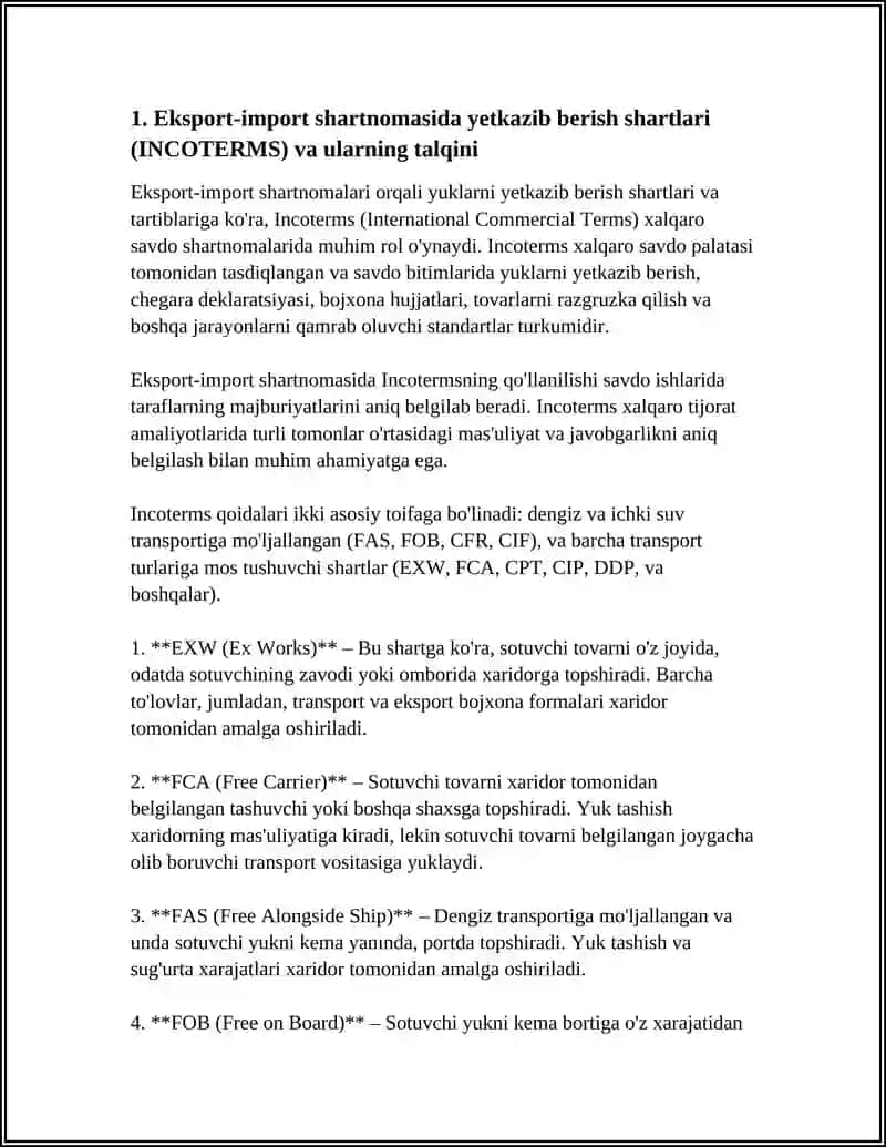 EXPORT IMPORT SHARTNOMASI ORQALI YUKLARNI YETKAZISH SHARTLARI VA TARTIBLARI 4
