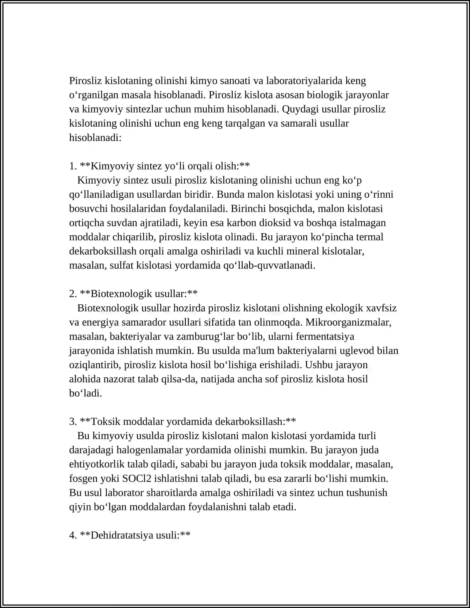 PIROSLIZ KISLOTA VA UNING BIRIKMALARINI- MOLEKULA TUZILISHI, OLINISHI, XOSSALARI VA ISHLATILISHI 4