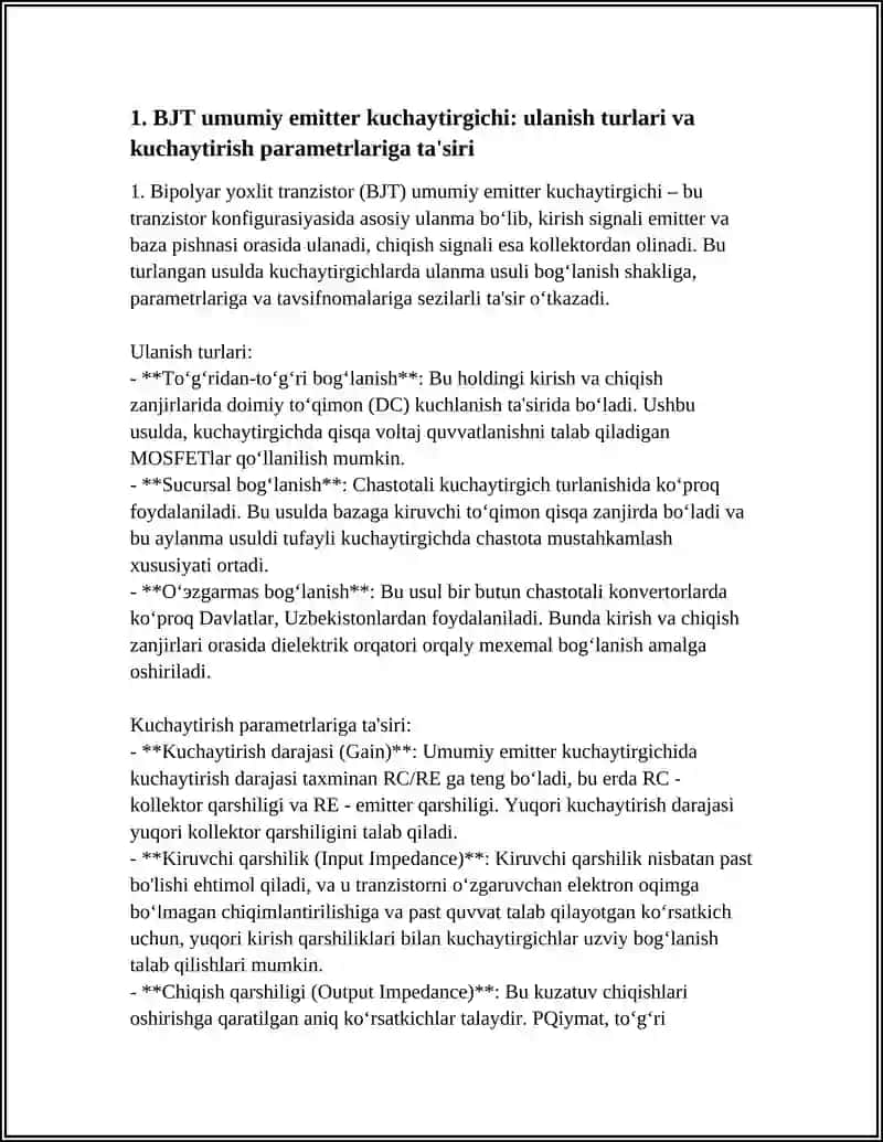 Bipolyar yoxlit tranzistor (BJT) umumiy emitter kuchaytirgichi 4