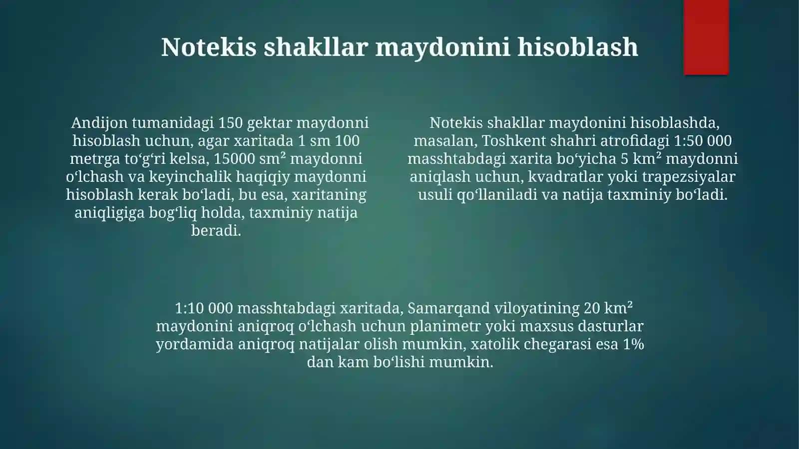 Kartadagiobyektlarninguzinliklarivamaydonlarinioʻlchash 4