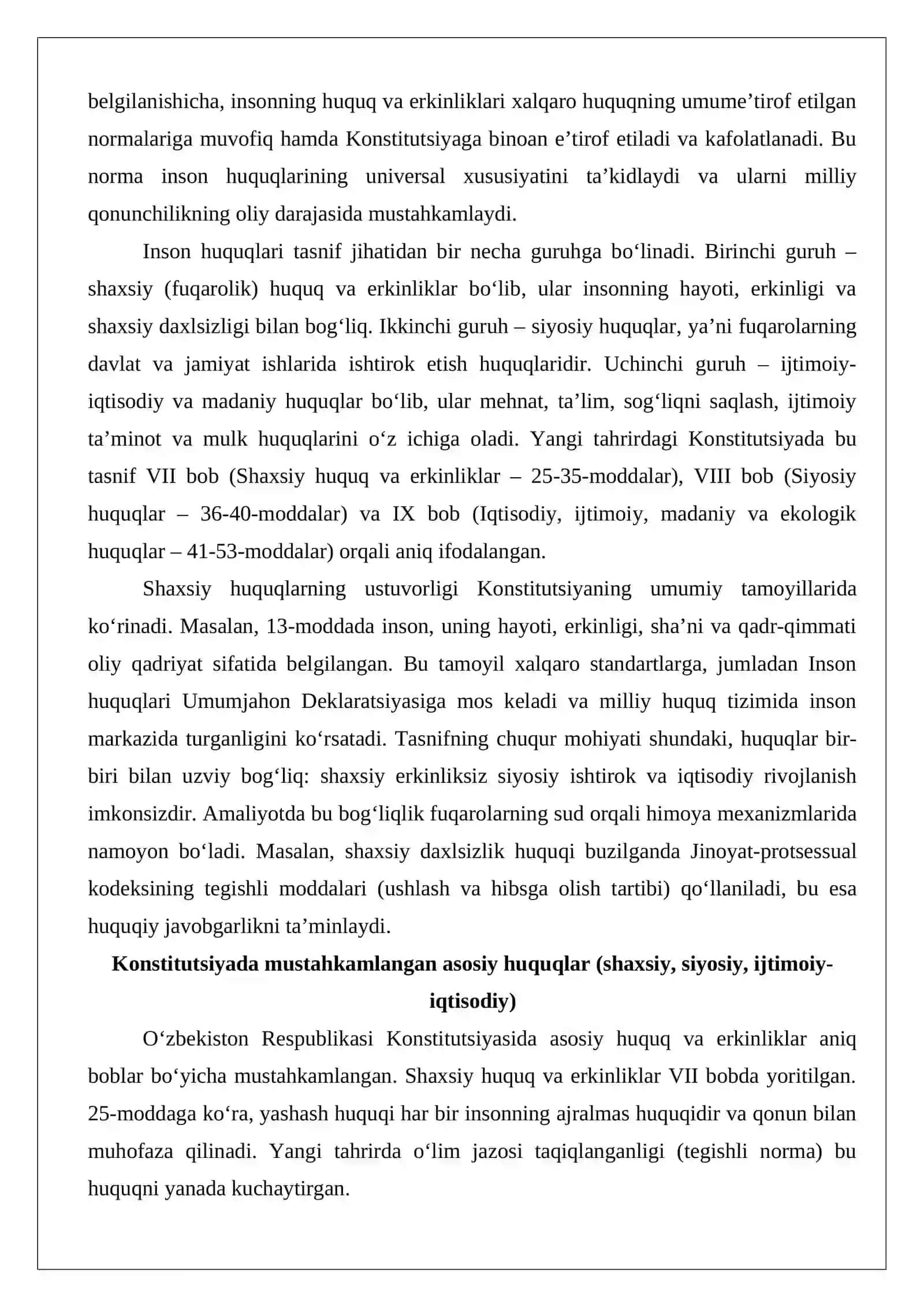 O‘zbekiston Respublikasi Konstitutsiyasida belgilangan inson va fuqaroning asosiy huquq va erkinliklari 4