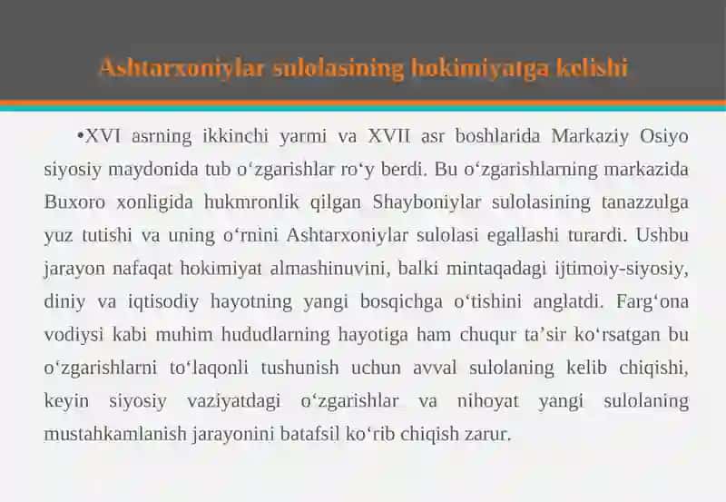 Ashtarxoniylar hokimiyatga kelishi va vodiy hayotiga ta’siri 4