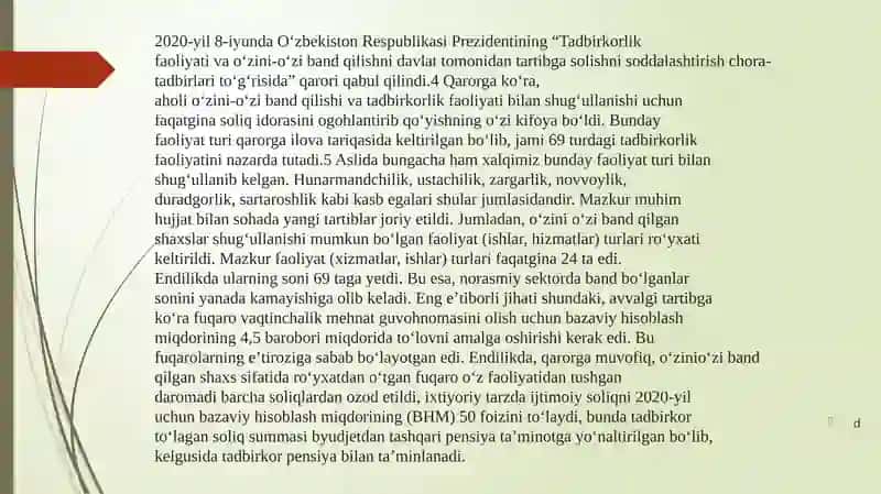 Mustaqillik yillarida O’zbekistonda tadbirkorlikni qo’llab quvvatlanishi 4