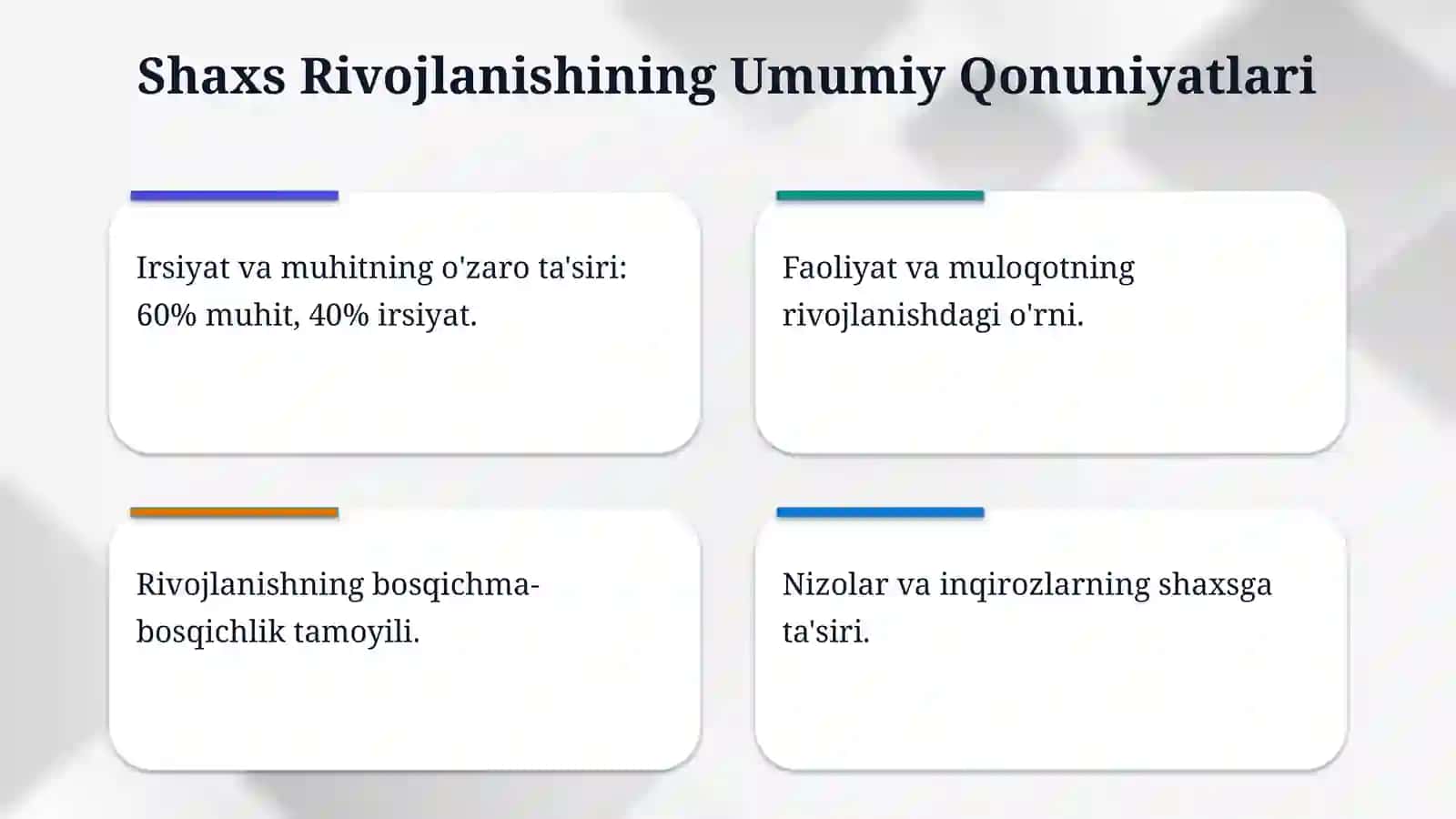 Shaxs rivojlanishining umumiy qonunlari, uning tashxisi 4