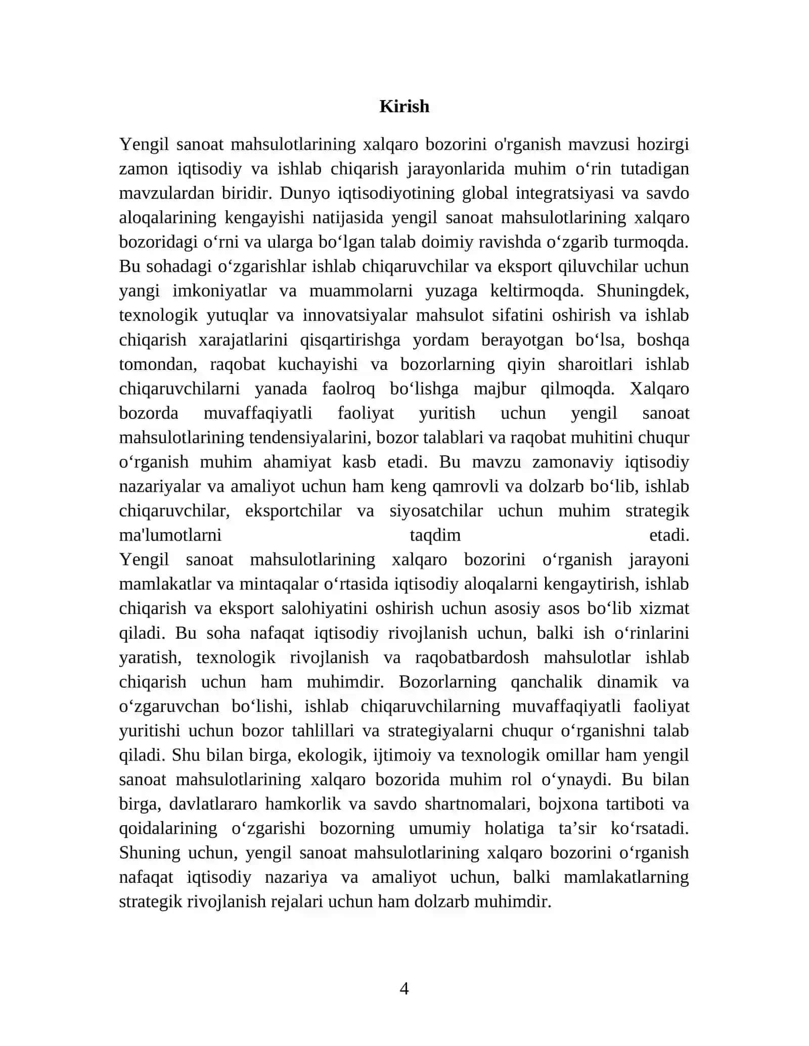 YENGIL SANOAT MAHSULOTLARINING XALQARO BOZORINI O'RGANISH KURS ISHI 4