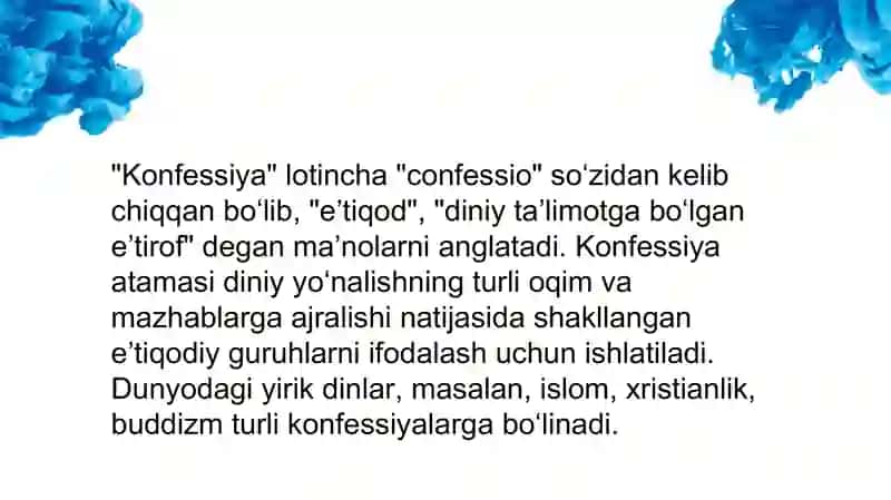 Konfessiya tushunchasining mohiyati va O‘zbekistonda faoliyat yurituvchi konfessiyalar 4