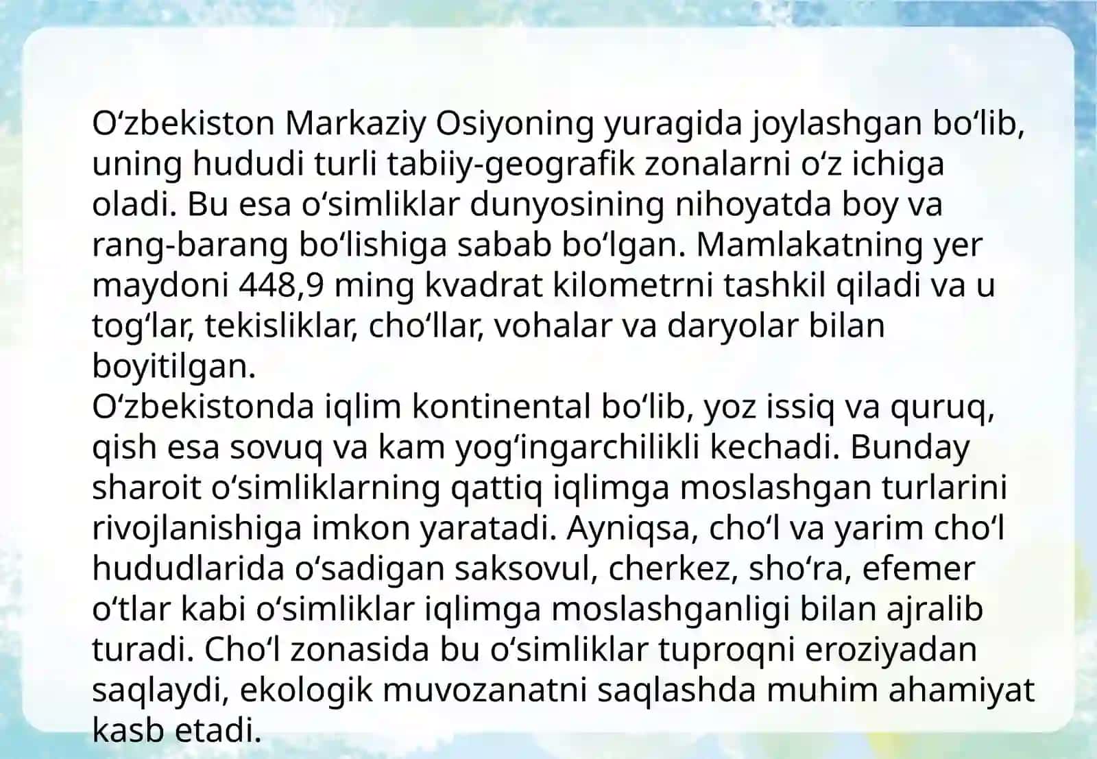 Oʻzbekiston oʻsimliklar dunyosi va ularning muhofazasi 4