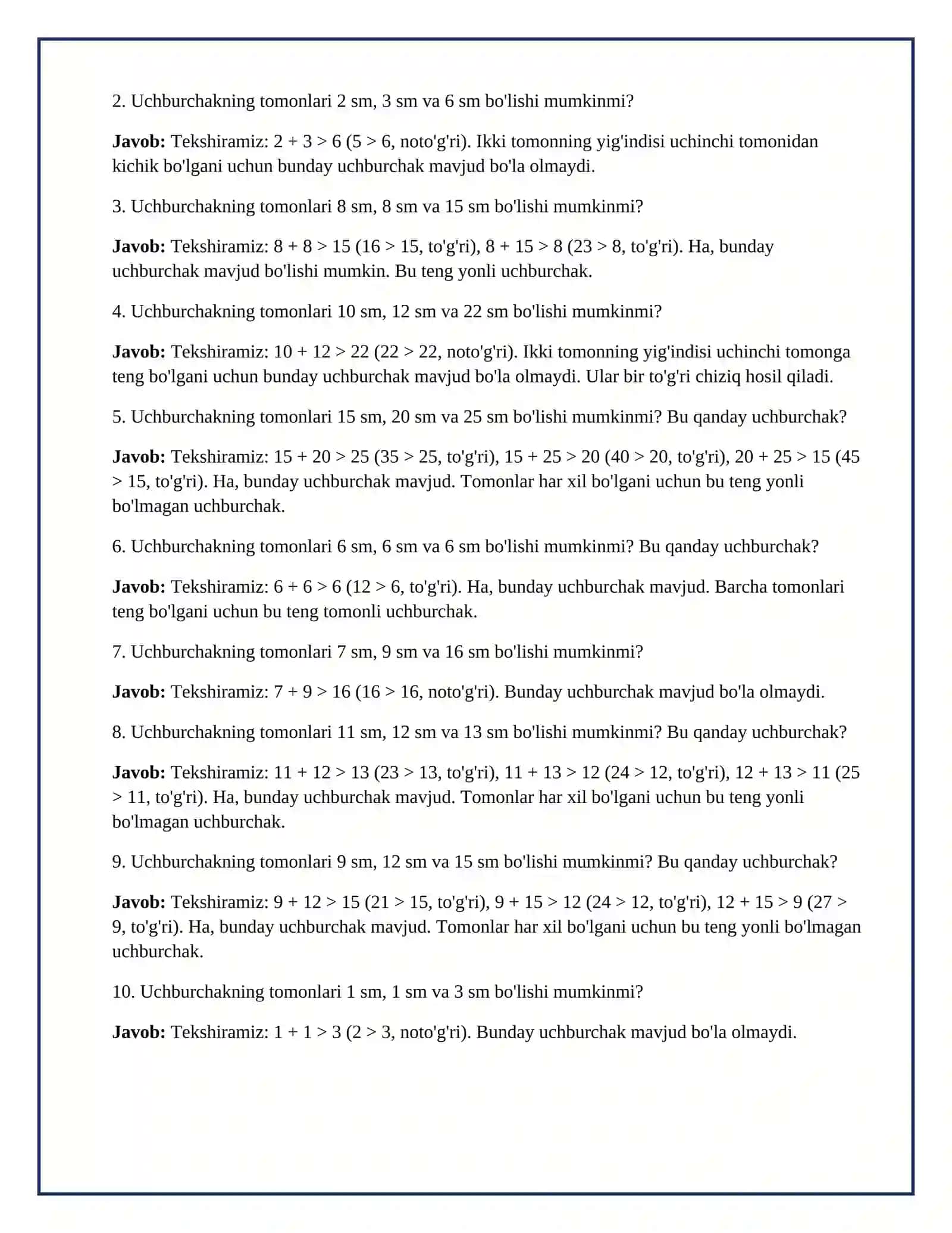 Lesson on Uchburchak mavjudligi shartlari. Uchburchak turlari va elementlari. Uchburchakning ichki va tashqi burchaklari xossalari 5.	Masalalar yechish.  	Masalalar yechish. 4