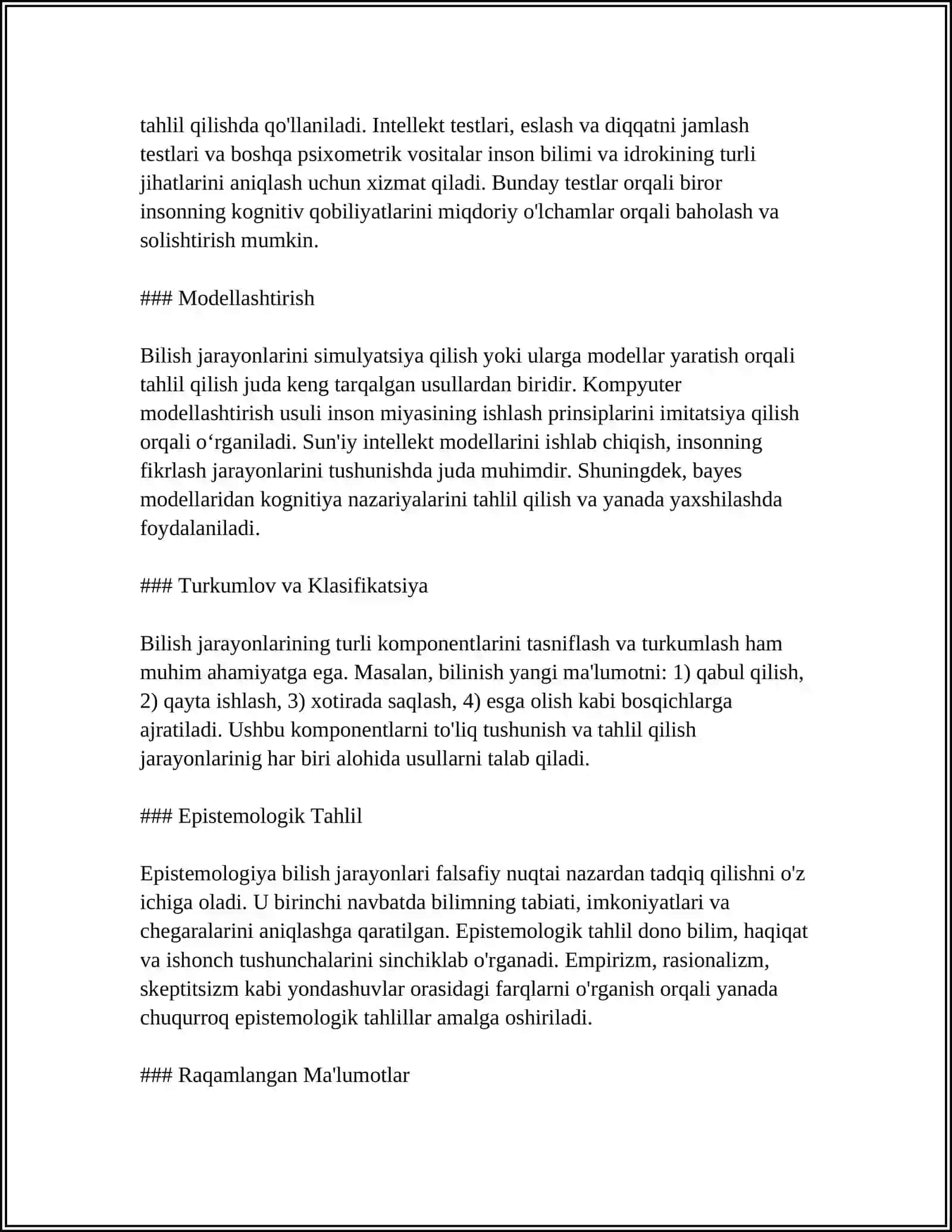 BILISH JARAYONLARINI TEKSHIRISH METODIKALARINI O'RGANISH VA QO'LLAB QUVVATLASH USULLARI. KREATIVLIK. KREATIVLIKKA XOS XUSUSIYATLAR 4