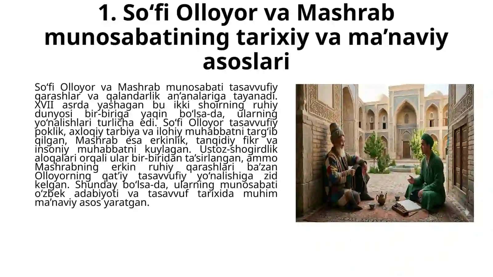 Tazkirai qalandaron asarida So'fi Olloyor va Mashrab munosabati. Bu munosabat Ruhining har ikkala shoir ijodidagi aks holda. 4