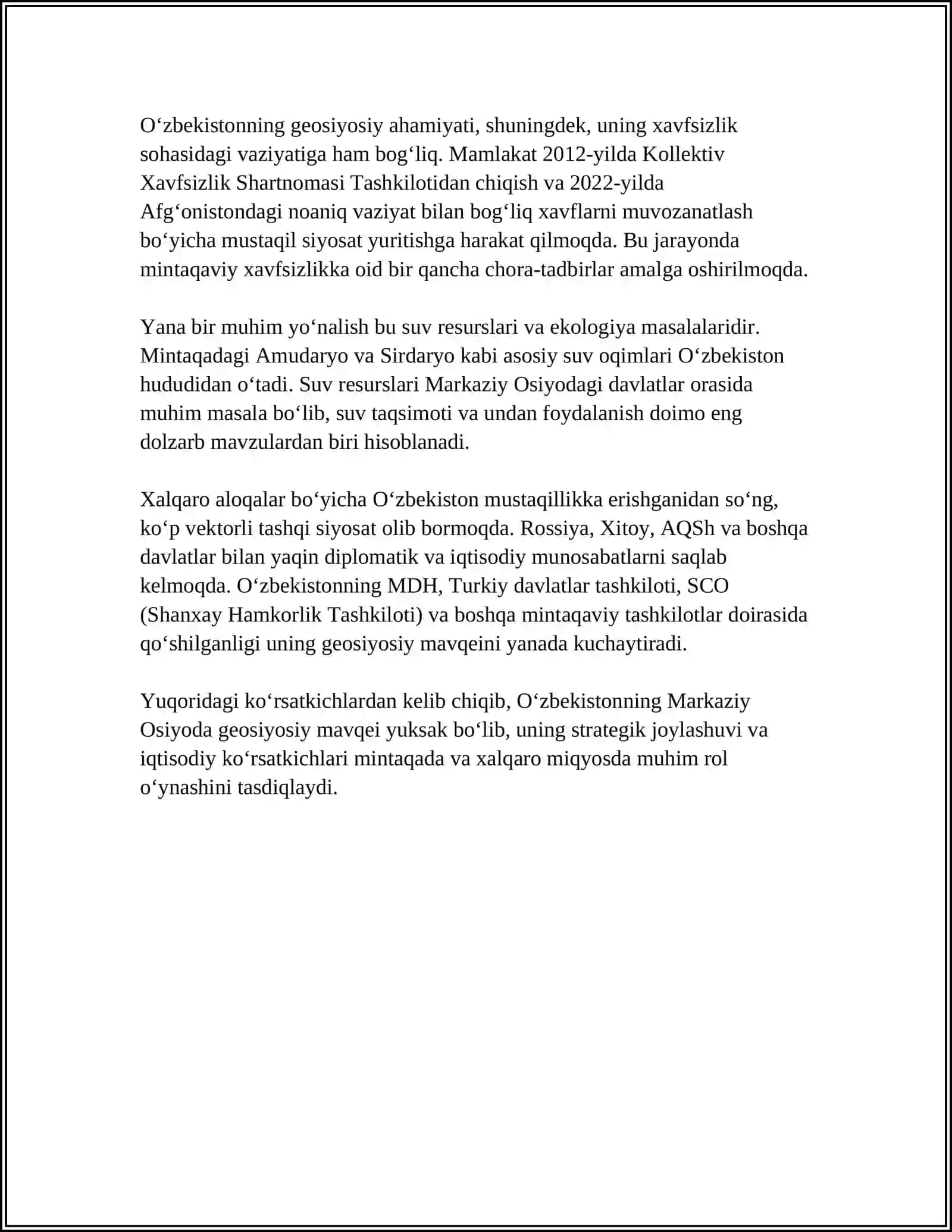 O'ZBEKISTON MARKAZIY OSIYODA TINCHLIK VA BARQARORLIKNI TA'MINLASH 4