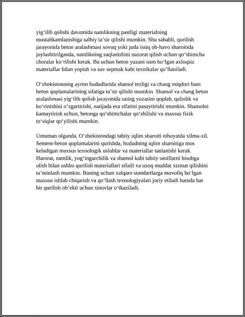 OʻZBEKISTON TABIIY IQLIM SHAROITDA SEMENT BETON QOPLAMALARINI QURISHNING OʻZIGA XOS TOMONLARI 4