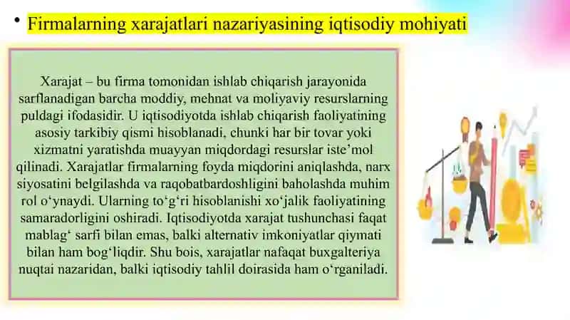 Firmalarning xarajatlari: doimiy va o‘zgaruvchan xarajatlar slayd 4