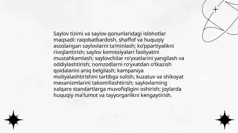 O‘ZBEKISTONDA DEMOKRATIK, FUQAROLIK JAMIYATI ASOSLARINING SHAKLLANISHI, AMALGA OSHIRILGAN SIYOSIY ISLOHOTLAR 4
