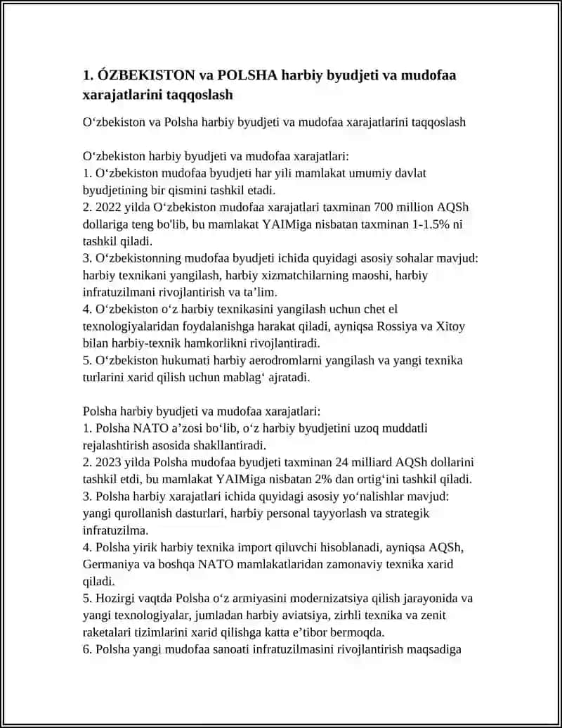 ÓZBEKISTON BILAN POLSHA DAVLATINI HARBIY VA IQTISODIYOTINI TAQQOSLASH 4