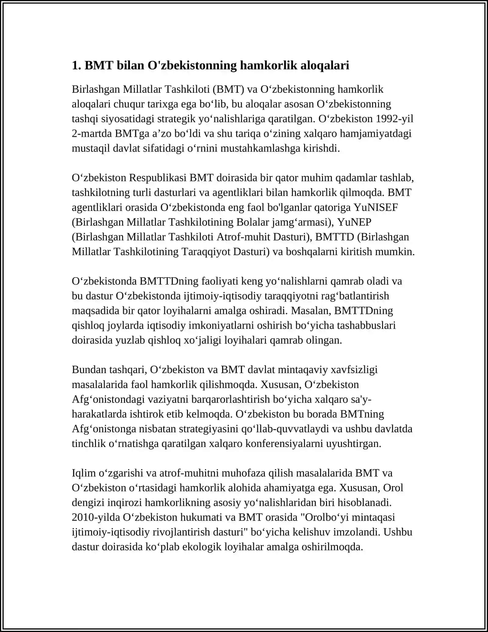 OʻZBEKISTONNING XALQARO TASHKILOTLAR BILAN HAMKORLIK ALOQALARI 4