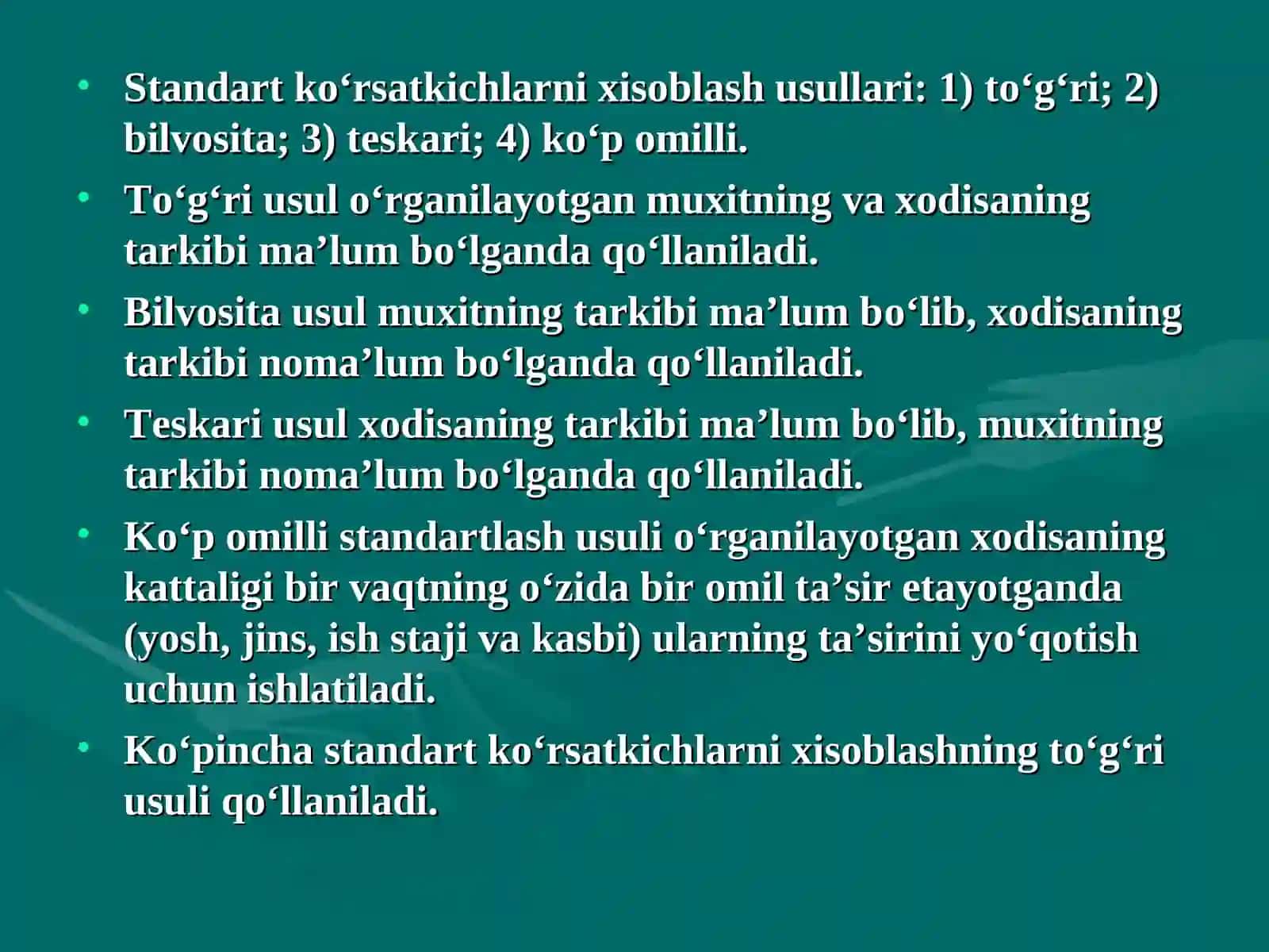 Standartlash usuli statistik taxlilda qo`llanilishi 4