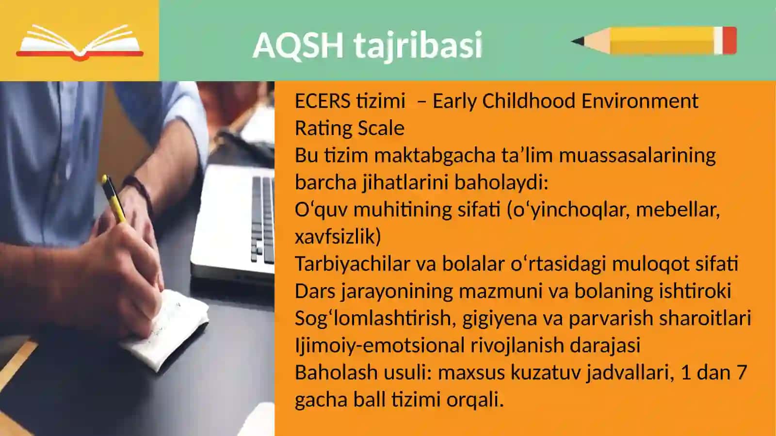 Maktabgacha ta’lim sifatini baholash bo‘yicha xalqaro tajribalar mavzusida slayd 4