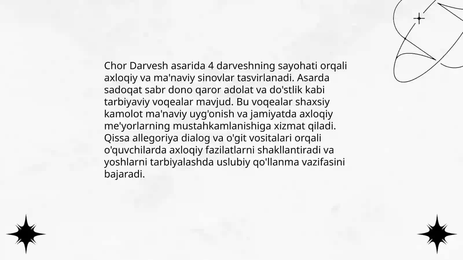Didaktik asarlar tahlili. ("Kalila va Dimna", "Chor Darvesh", "Guliston" (Sa'diy), "To'tinoma") 4