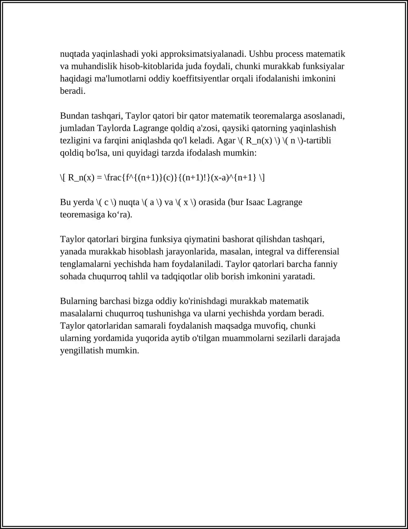 FUNKSIYALARNI TEYLOR VA MAKLOREN QATORLARIGA YOYISHGA MISOLLAR LOPITAL QOIDASI 4