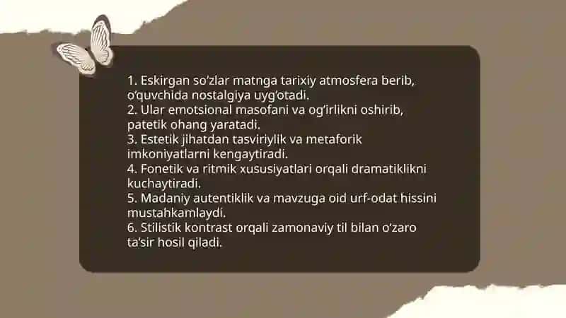 Eskirgan va o‘zlashma so‘zlarning matn tarkibidagi uslubiy vazifasi 4