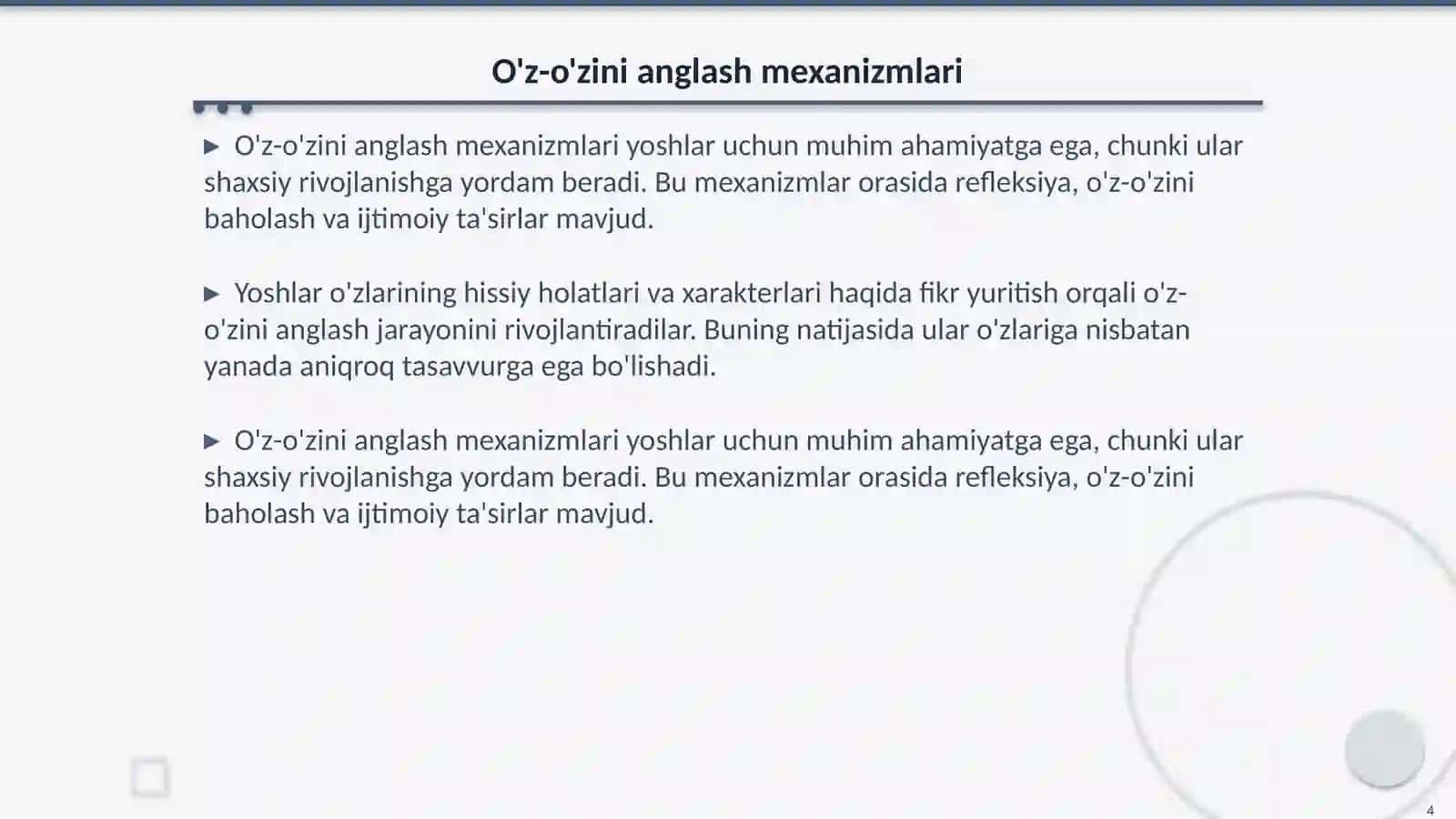 Yoshlik davri va uning o'ziga xos xususiyatlari, o'z o'zini anglash. Gerontopsixologiya 4