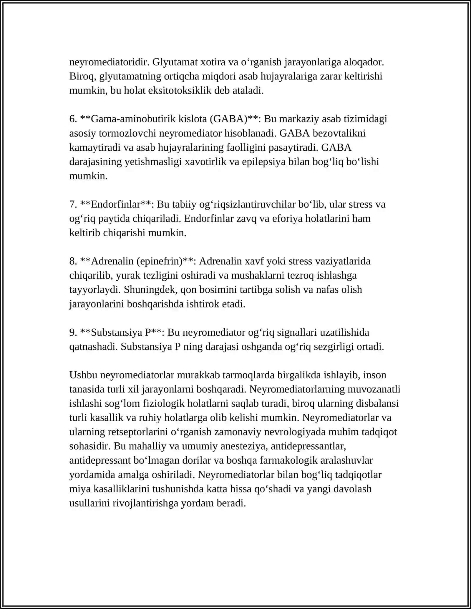 MUSTAQIL ISH Mavzu: NEYROMEDIATORLAR BIOSINTEZI AHAMYATI VA KASALLIKLARI 4
