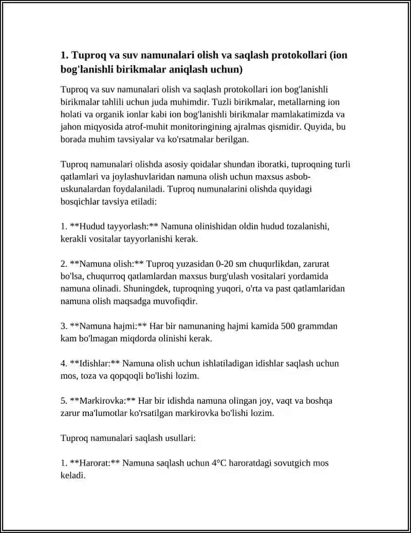 Tuproq va Suvning Ifloslnishida Ion Bog'lanishli Birikmalarni Aniqlab Ulardan Tozalash Ishlarini Ishlab Chiqish 4