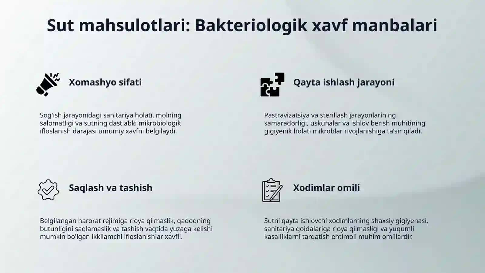 Oziq ovgat mahsulotlariga (sut va go'sht) sanitar bakteriologik 4