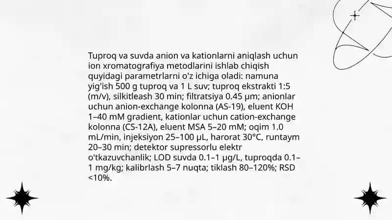 Tuproq va suvning ifloslanishida ion bogʻlanishli birikmalarni aniqlab ulardan tozalash usulini ishlab chiqish 4