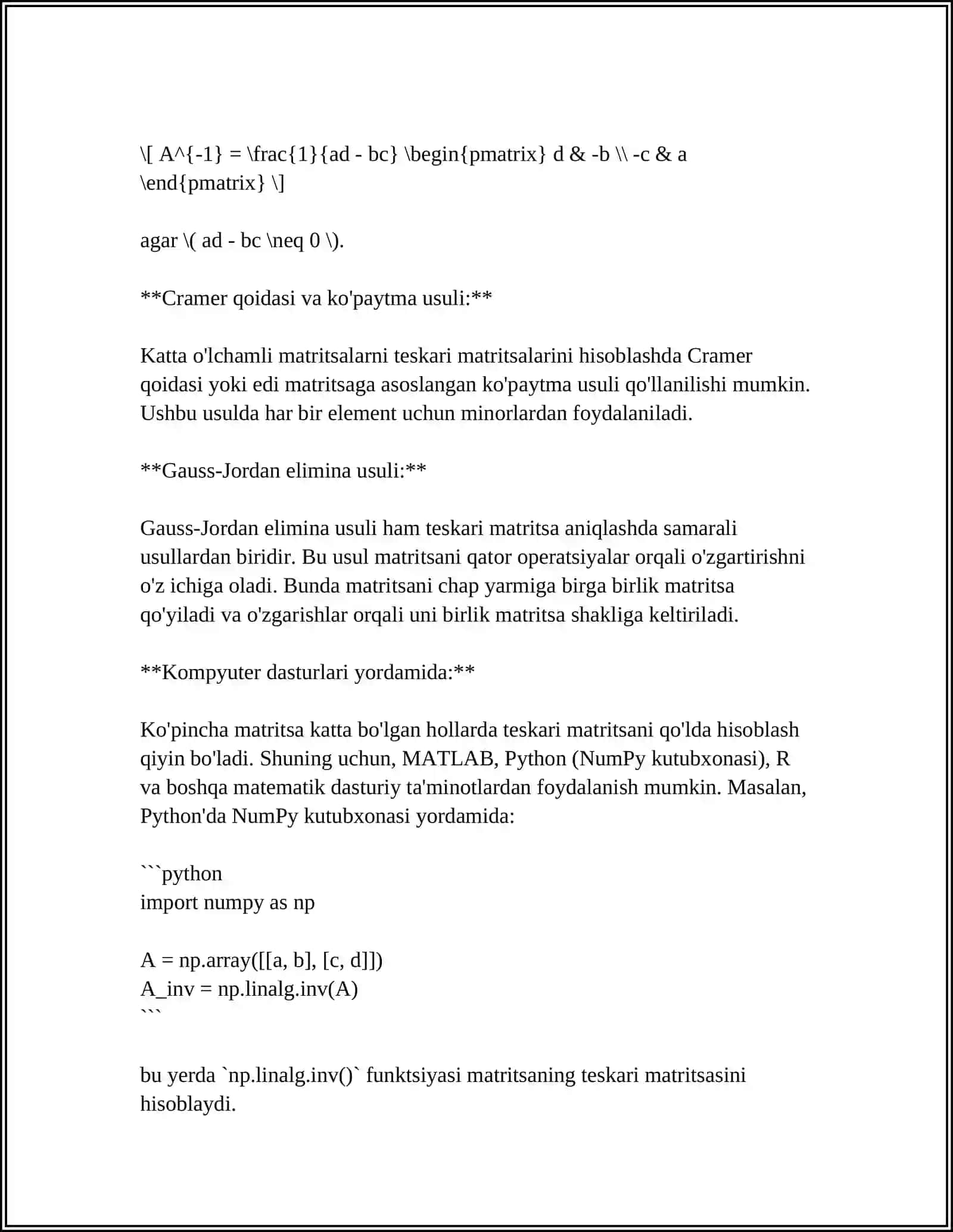 AMALIY MATEMATIKA: TESKARI MATRITSA VA UNGA 5TA MISOL 4