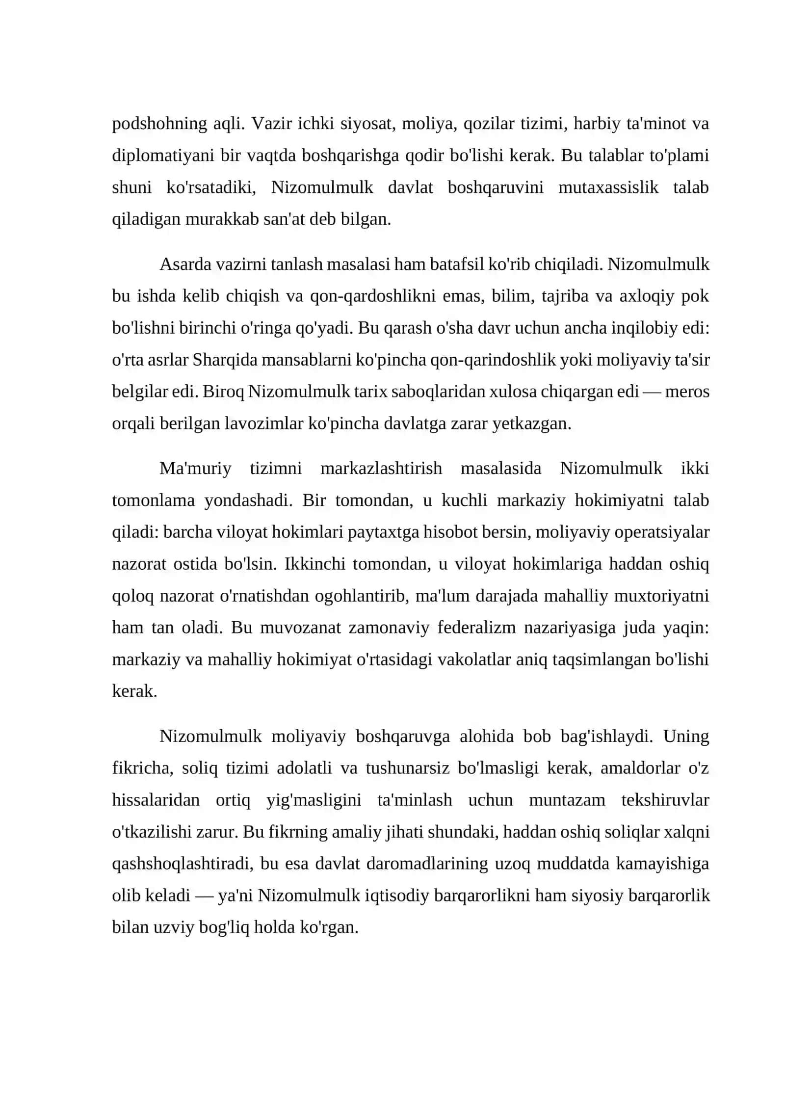NIZOMULMULKNING "SIYOSATNOMA" ASARI BO'YICHA JAMIYAT BOSHQARUVIGA OID G'OYALARNI TAHLIL ETISH 4