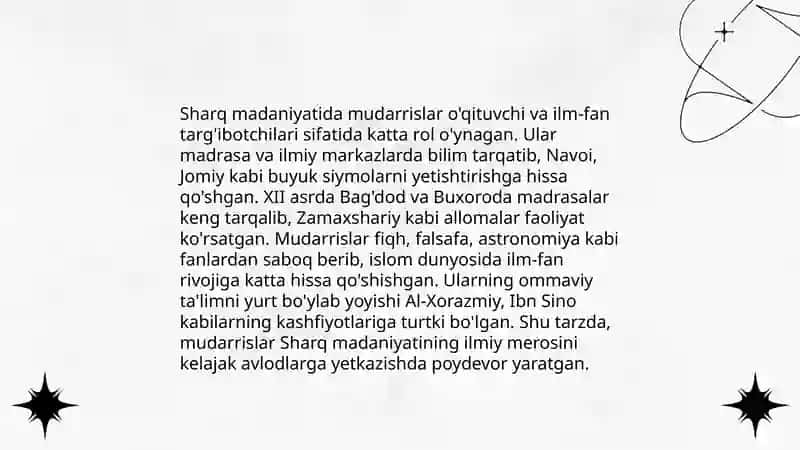 Sharq donishmandlari va mutaffakirlarining ijodiy merosida mudarrislarni tanlash ularga qo'yilgan talab 4