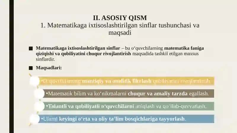 Matematikaga ixtisoslashtirilgan sinflar tushunchasi va maqsadi 4