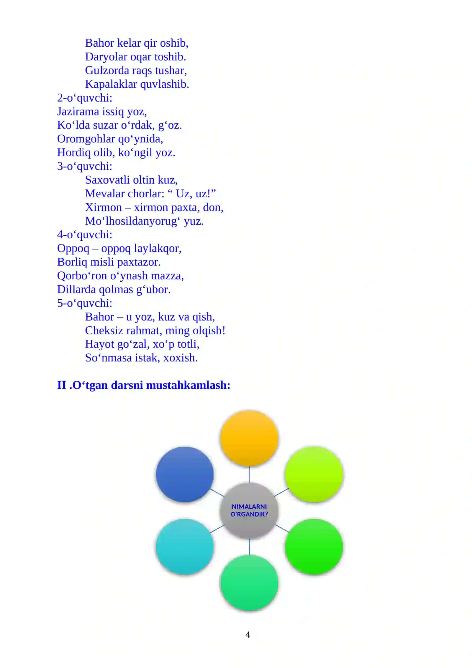 3-sinf o'qish fanidan Bog'bon va nihol 3-chorak uchun dars ishlanmasi 4