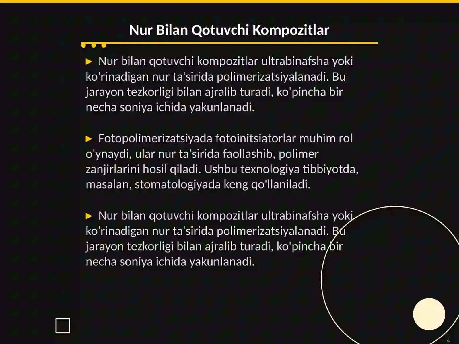 Kimyoviy va nur bilan qotuvchi kompozitlarning polimerizatsiya bosqichining õziga xos tomonlari 4