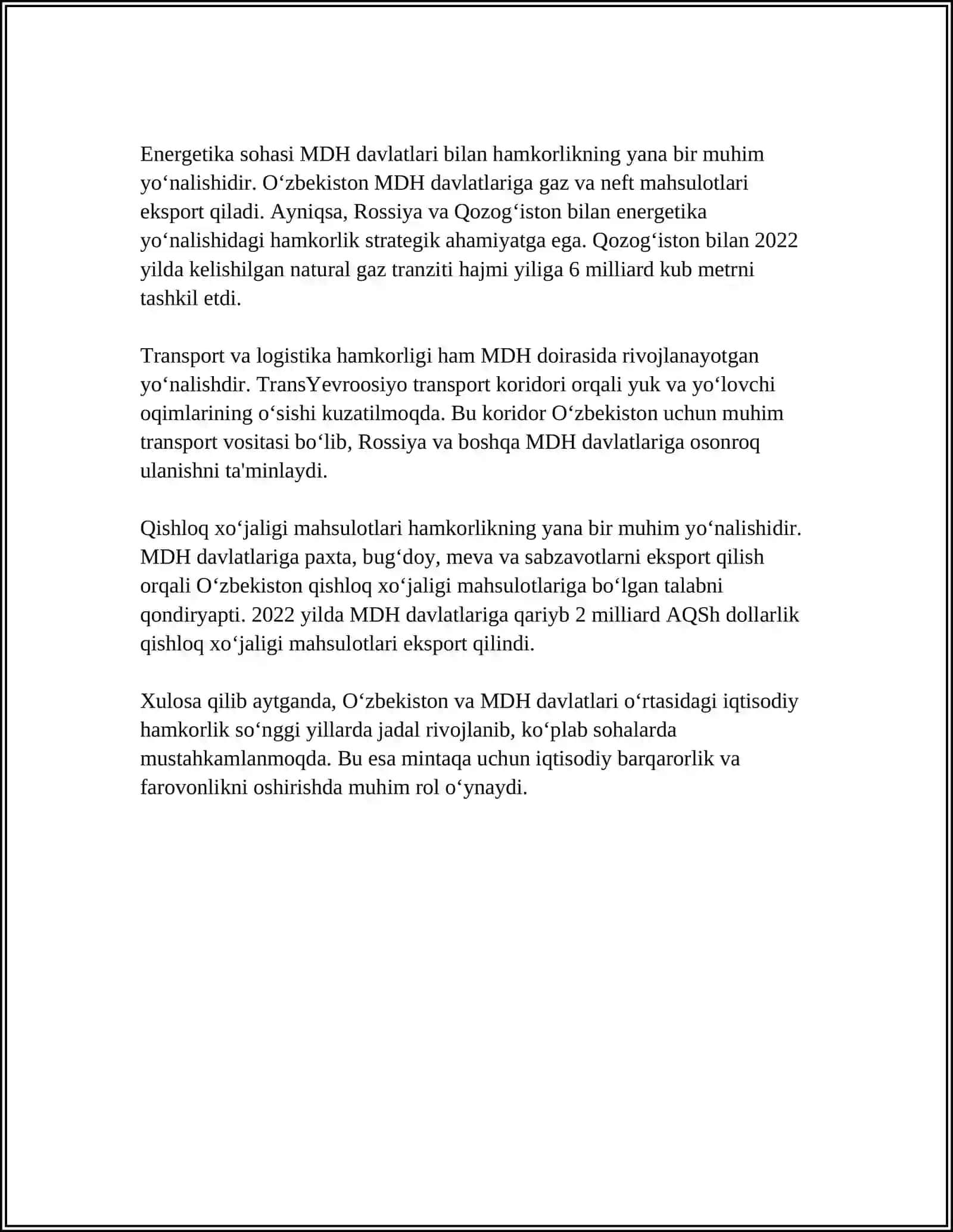 O'ZBEKISTONNING MDH VA MARKAZIY OSIYO DAVLATLARI BILAN ALOQASI 4