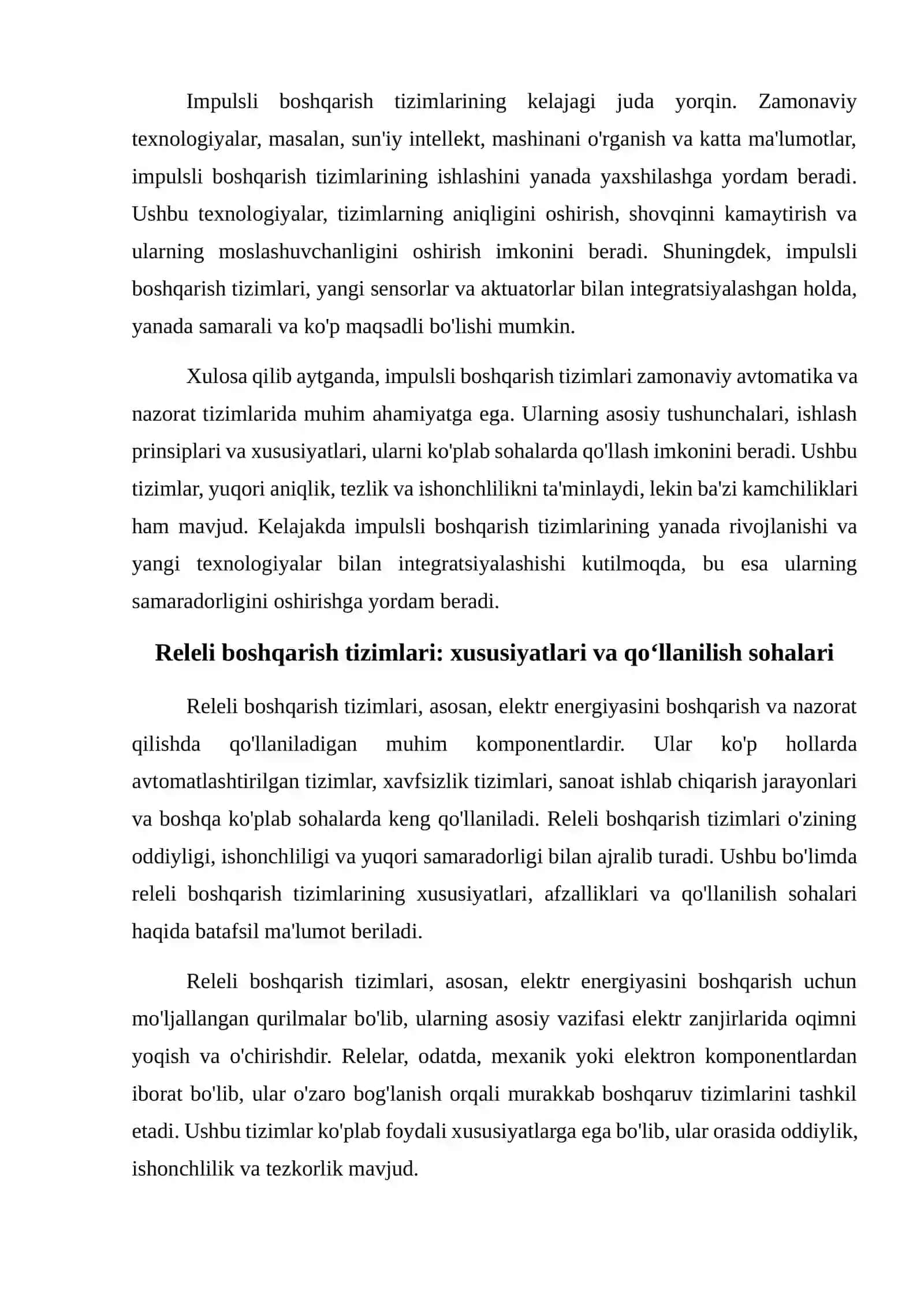 Impulsli va releli boshqarish tizimlari. Ularning xususiyatlari 4