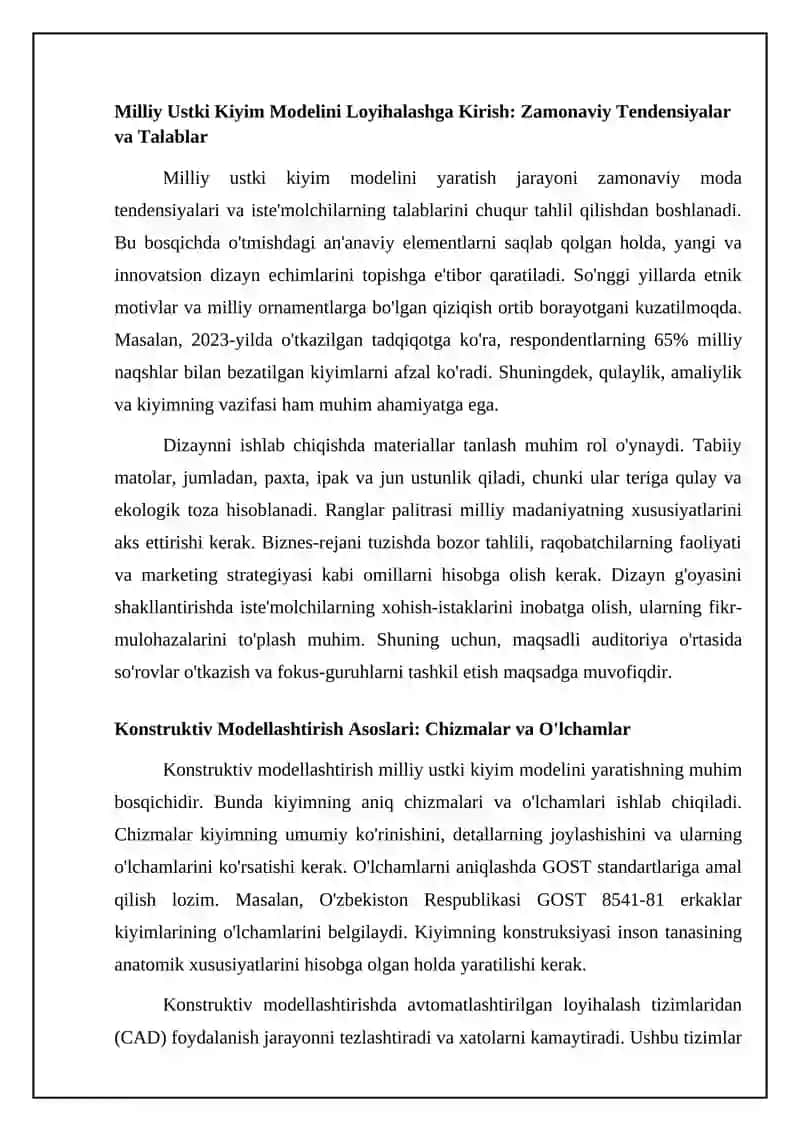 Erkaklar milliy ust kiyimini yangi modelini yaratish va texnologik jarayonini ishlab chiqish 4