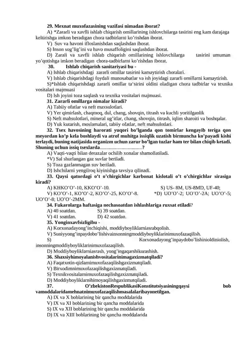 HAYOT FАОLIYATI ХАVFSIZLIGI FАNIDAN TEST SAVOLLARI 4