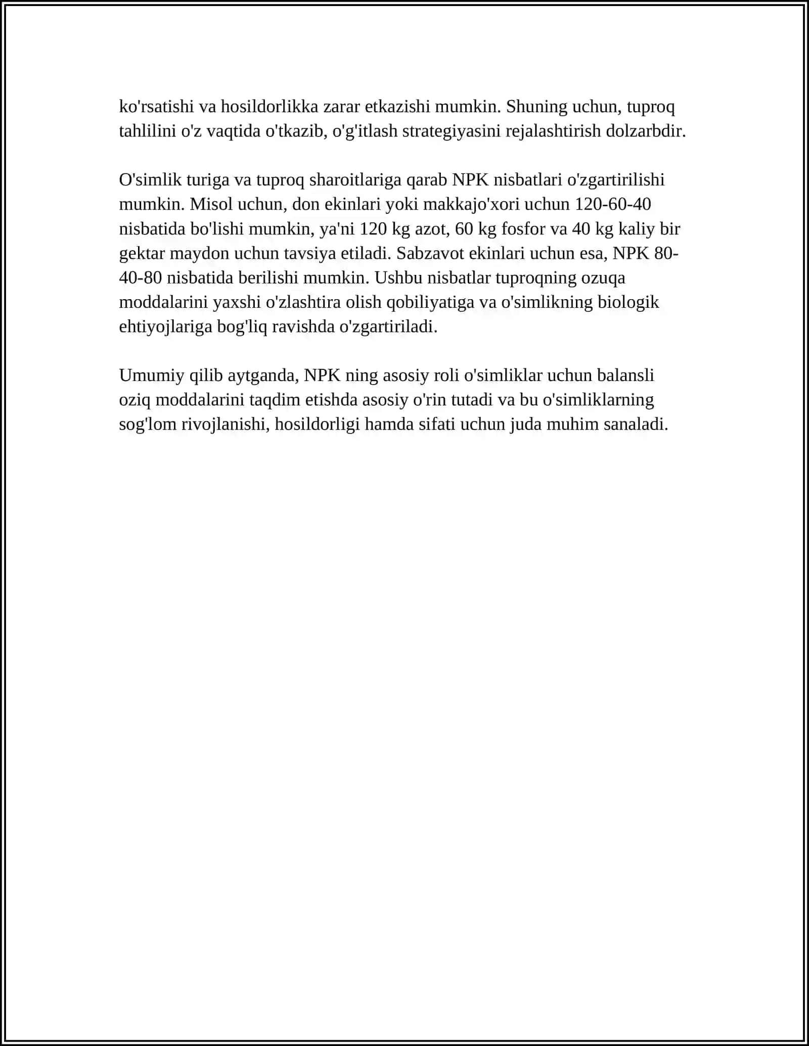 HAR XIL ME'YORDAGI MINERAL OZUQA ELEMENTLARINING (NPK) ÒSIMLIKLARNING ÒSISHIGA TA'SIRI 4