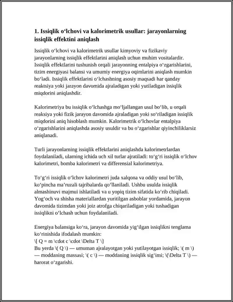 TURLI FIZIKAVIY KIMYOVIY JАRАYONLАRNING ISSIQLIK EFFЕKTLАRI. ENTRОPIYA VА TURLI JАRАYONLАR VАQTIDА ENTRОPIYANING O`ZGАRISHINI HISOBLАSH 4