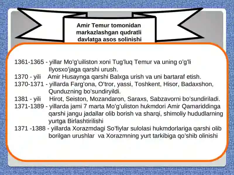 AMIR TEMUR VA TEMURIYLAR DAVRIDA O‘ZBEK DAVLATCHILIGINING  YUKSALISHI:  IJTIMOIY-SIYOSIY, IQTISODIY  VA MADANIY HAYOT 4