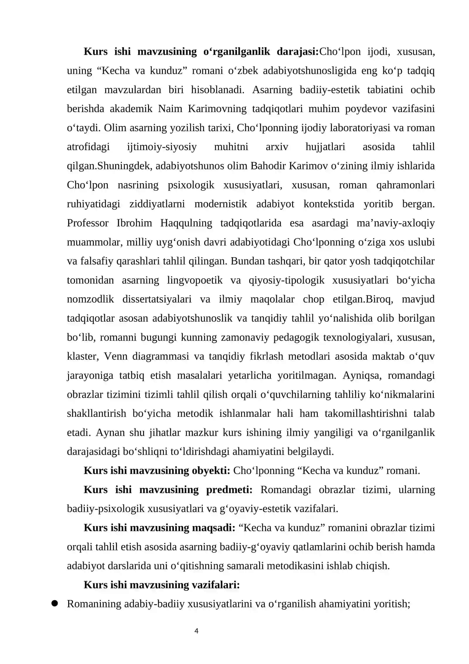 Cho‘lponning “Kecha va kunduz” romanini obrazlar tizimi orqali o‘rganish    KURS ISHI 4