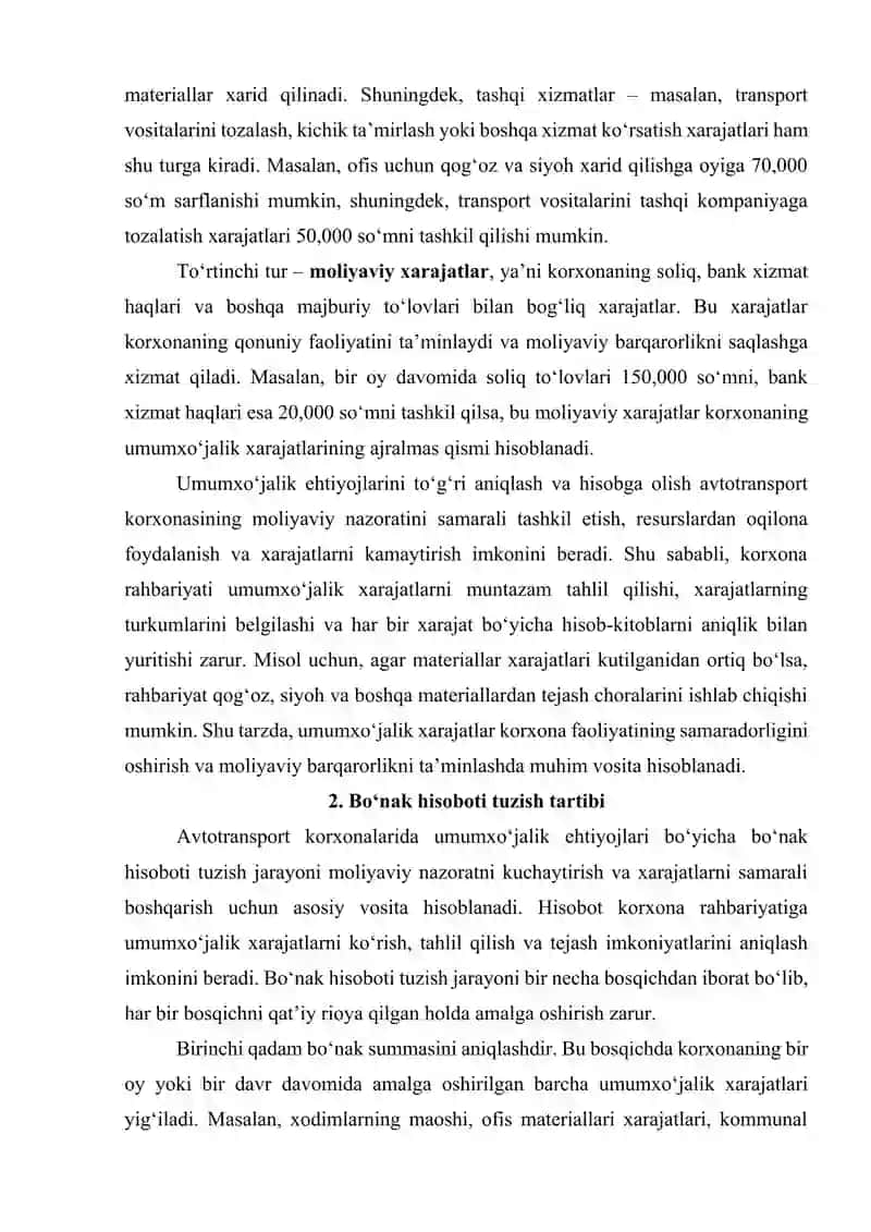 Avtotransport korxonalarida umumxo`jalik ehtiyojlari bo`yicha bo`nak hisoboti tuzish tartibi va mazmuni 4